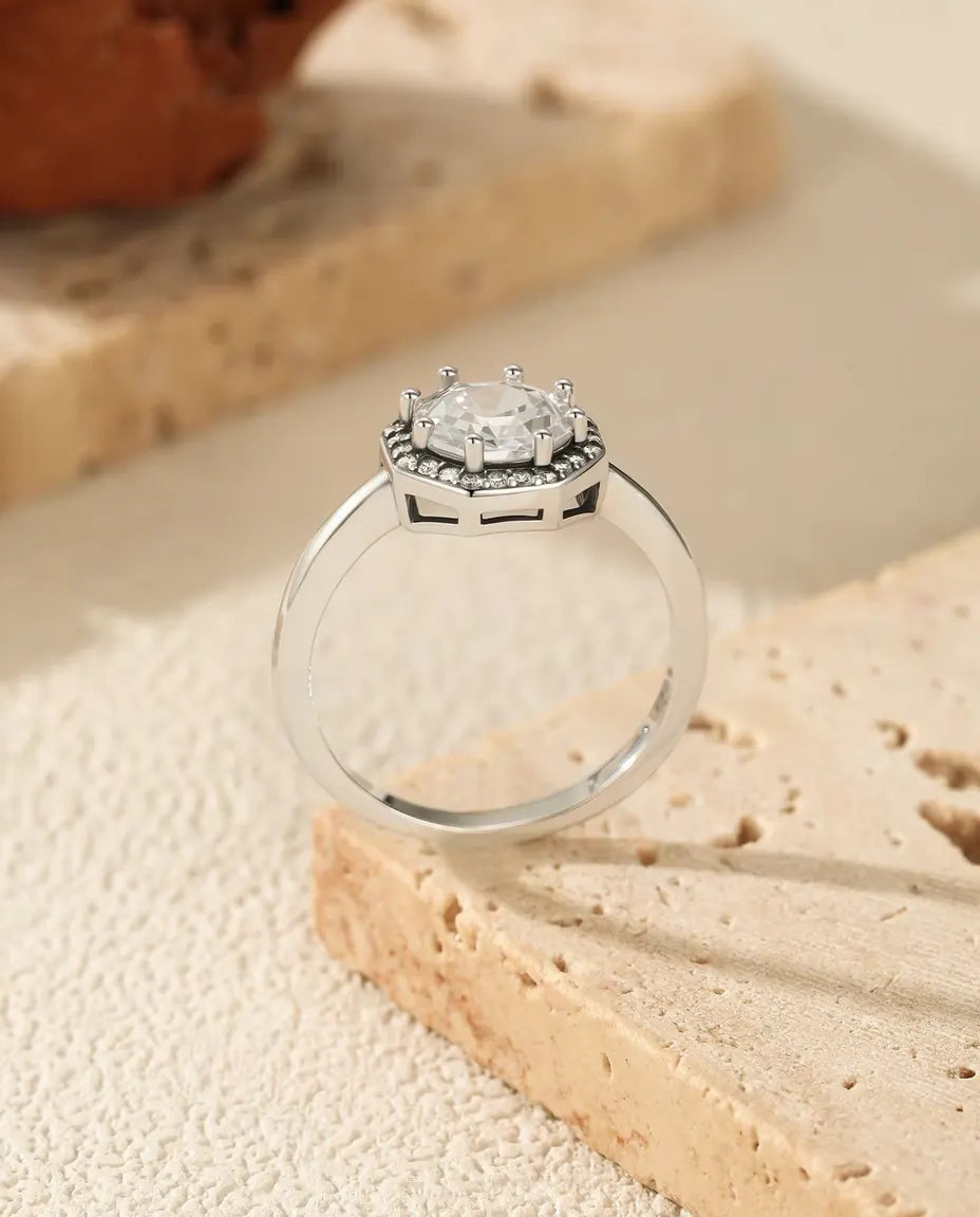 Octagon Halo Ring for Women - 9.5 mm Step Cut Zirconia Solitaire with Pave Halo in 925 Sterling Silver, Sizes 5 to 9