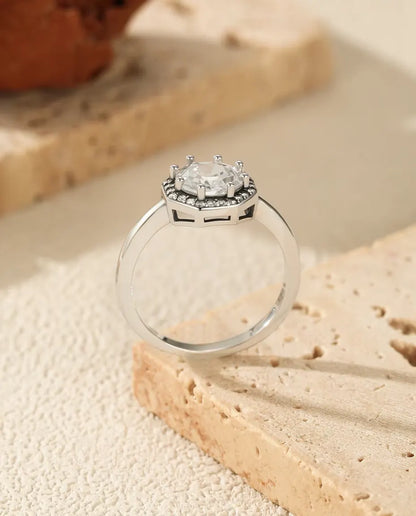 Octagon Halo Ring for Women - 9.5 mm Step Cut Zirconia Solitaire with Pave Halo in 925 Sterling Silver, Sizes 5 to 9