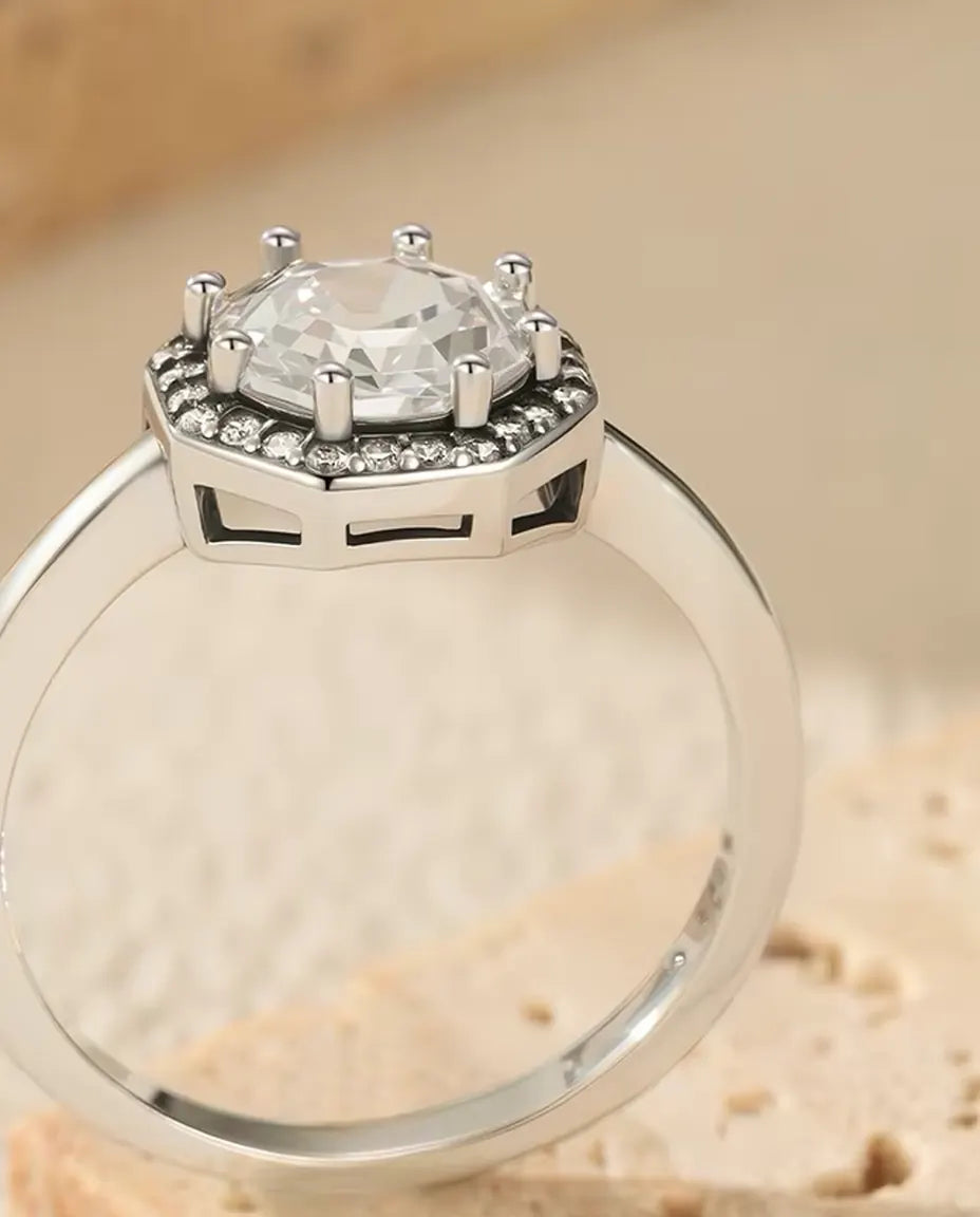 Octagon Halo Ring for Women - 9.5 mm Step Cut Zirconia Solitaire with Pave Halo in 925 Sterling Silver, Sizes 5 to 9