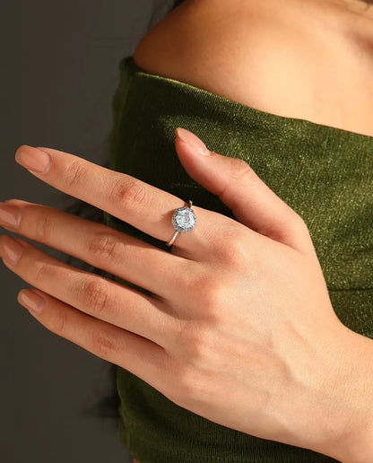 Octagon Halo Ring for Women - 9.5 mm Step Cut Zirconia Solitaire with Pave Halo in 925 Sterling Silver, Sizes 5 to 9