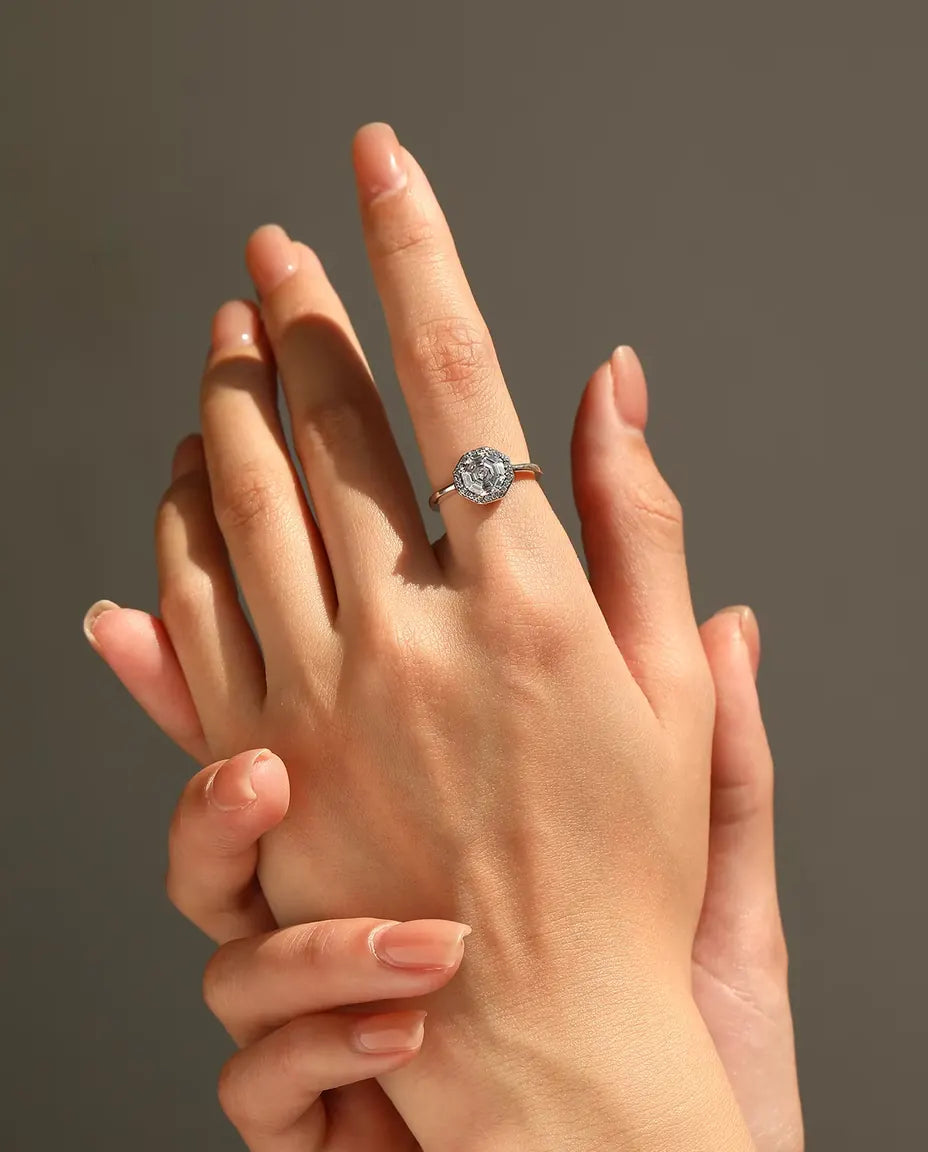 Octagon Halo Ring for Women - 9.5 mm Step Cut Zirconia Solitaire with Pave Halo in 925 Sterling Silver, Sizes 5 to 9