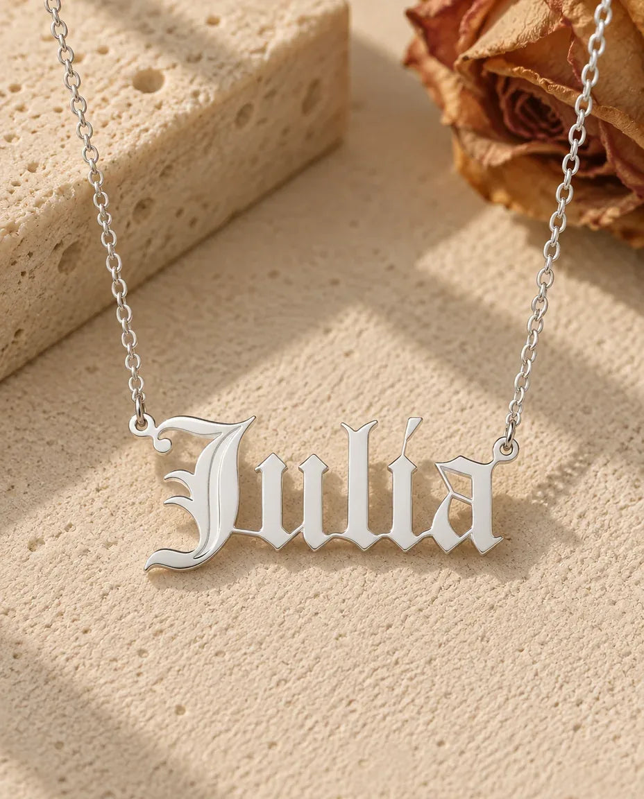 Old English Nameplate Necklace - front view in silver