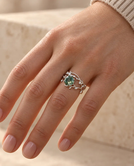 Moss Agate Ring Set - worn on the hand