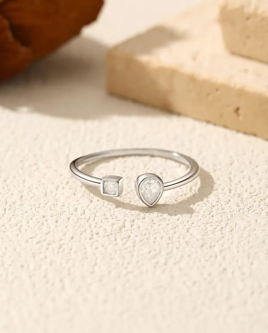 Open Cuff Moissanite Ring - 0.3 ct Pear and 0.08 ct Square D Color Stones, 925 Sterling Silver, Adjustable