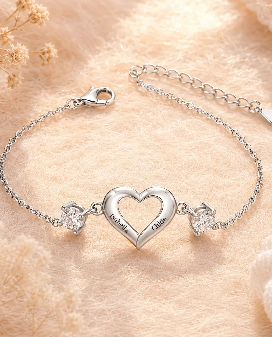 Personalized Birthstone Bracelet With 2 Names - Open Heart Chain Bracelet With Two Simulated Birthstones, Silver
