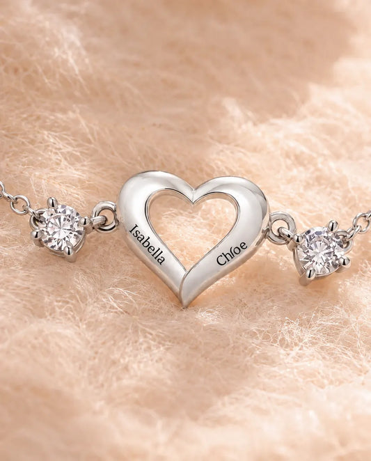 Personalized Birthstone Bracelet With 2 Names - Open Heart Chain Bracelet With Two Simulated Birthstones, Silver