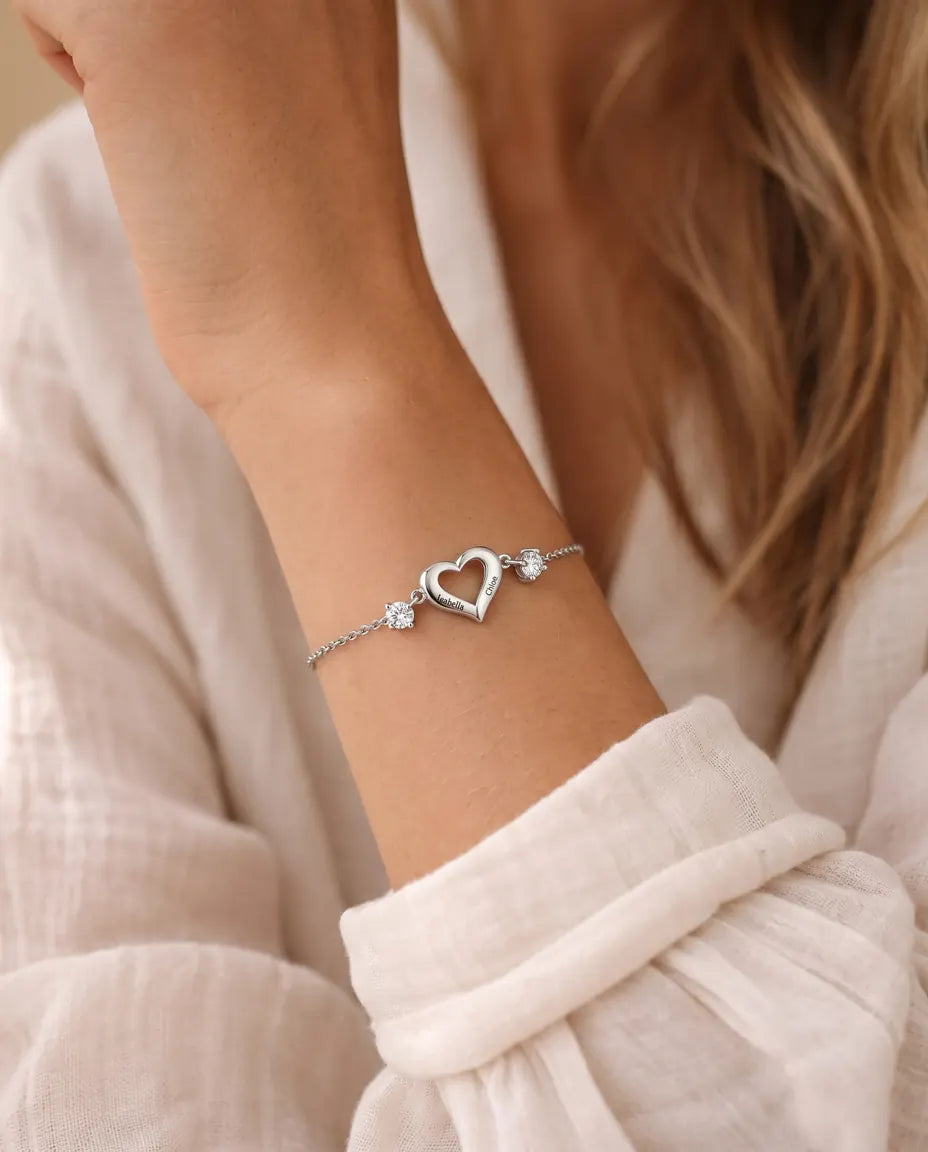 Personalized Birthstone Bracelet With 2 Names - Open Heart Chain Bracelet With Two Simulated Birthstones, Silver