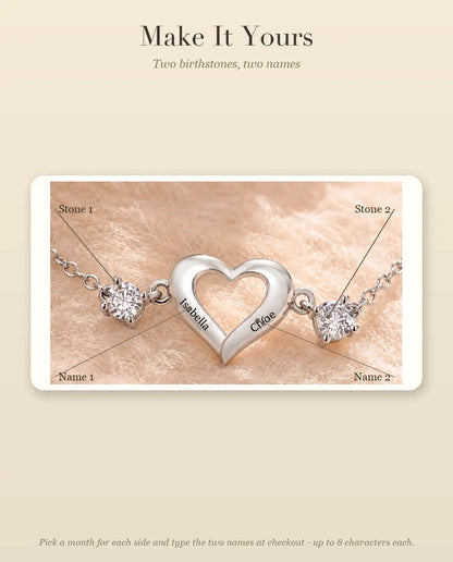 Personalized Birthstone Bracelet With 2 Names - Open Heart Chain Bracelet With Two Simulated Birthstones, Silver