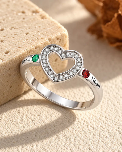 Personalized Open Heart Birthstone Ring With 2, 4 or 6 Names - Stackable Family Ring With Engraved Names and Simulated Birthstones, Silver