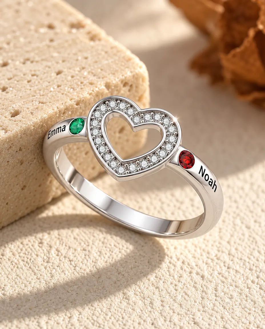 Personalized Open Heart Birthstone Ring With 2, 4 or 6 Names - Stackable Family Ring With Engraved Names and Simulated Birthstones, Silver