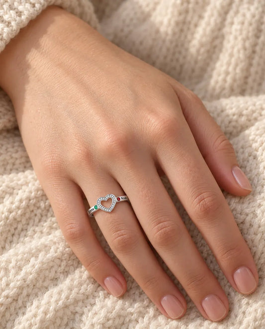 Personalized Open Heart Birthstone Ring With 2, 4 or 6 Names - Stackable Family Ring With Engraved Names and Simulated Birthstones, Silver