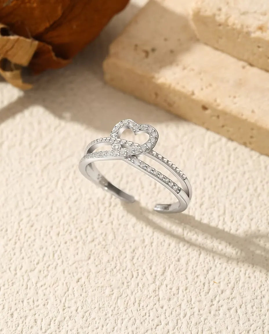 Open Heart Crossover Ring - 8 mm Heart on a Double Band with Zirconia Pave, 925 Sterling Silver, Adjustable