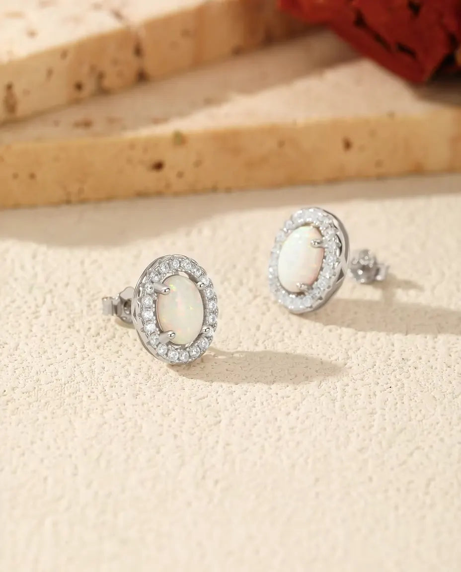 Oval Opal Halo Stud Earrings in 925 Sterling Silver - 5 x 7 mm White Lab Created Opal with a Cubic Zirconia Halo, Four Prong Studs, Gift for Her