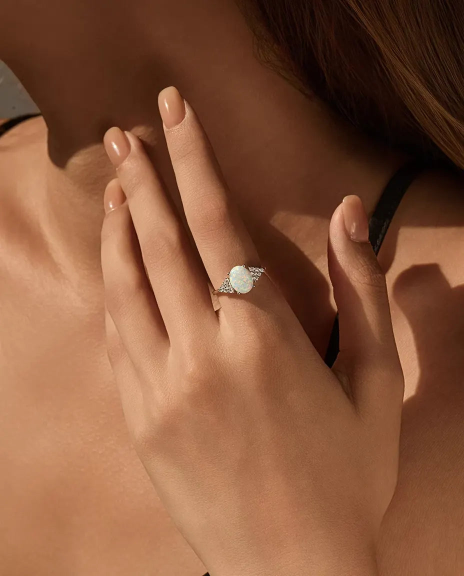 Oval Opal Ring - 7 x 9 mm White Opal with Pave Zirconia Shoulders, 925 Sterling Silver, Sizes 5 to 9