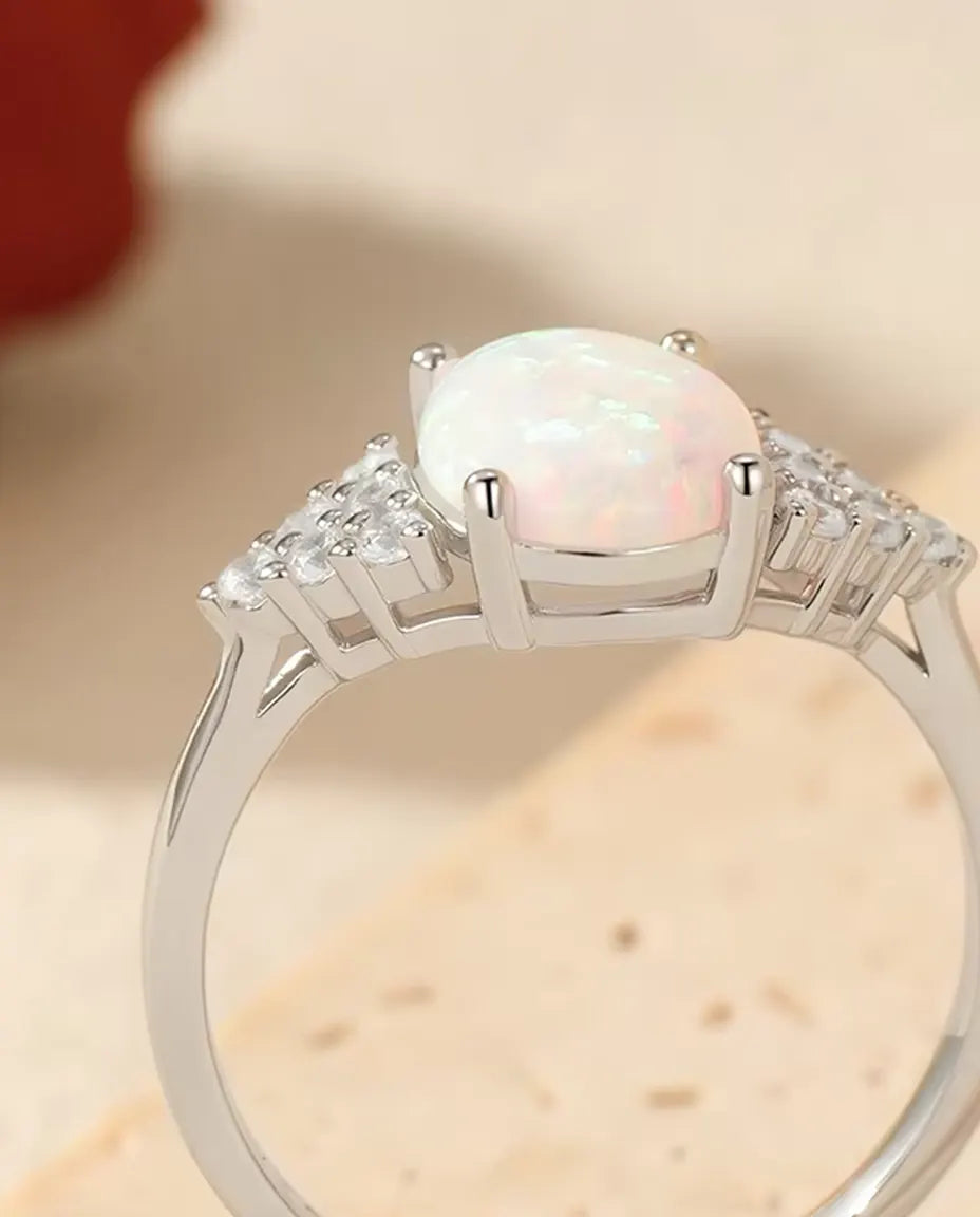 Oval Opal Ring - 7 x 9 mm White Opal with Pave Zirconia Shoulders, 925 Sterling Silver, Sizes 5 to 9