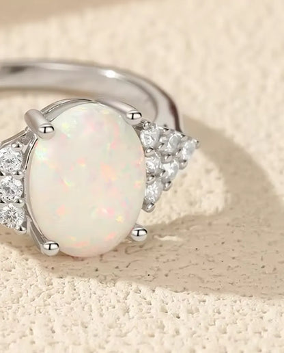 Oval Opal Ring - 7 x 9 mm White Opal with Pave Zirconia Shoulders, 925 Sterling Silver, Sizes 5 to 9