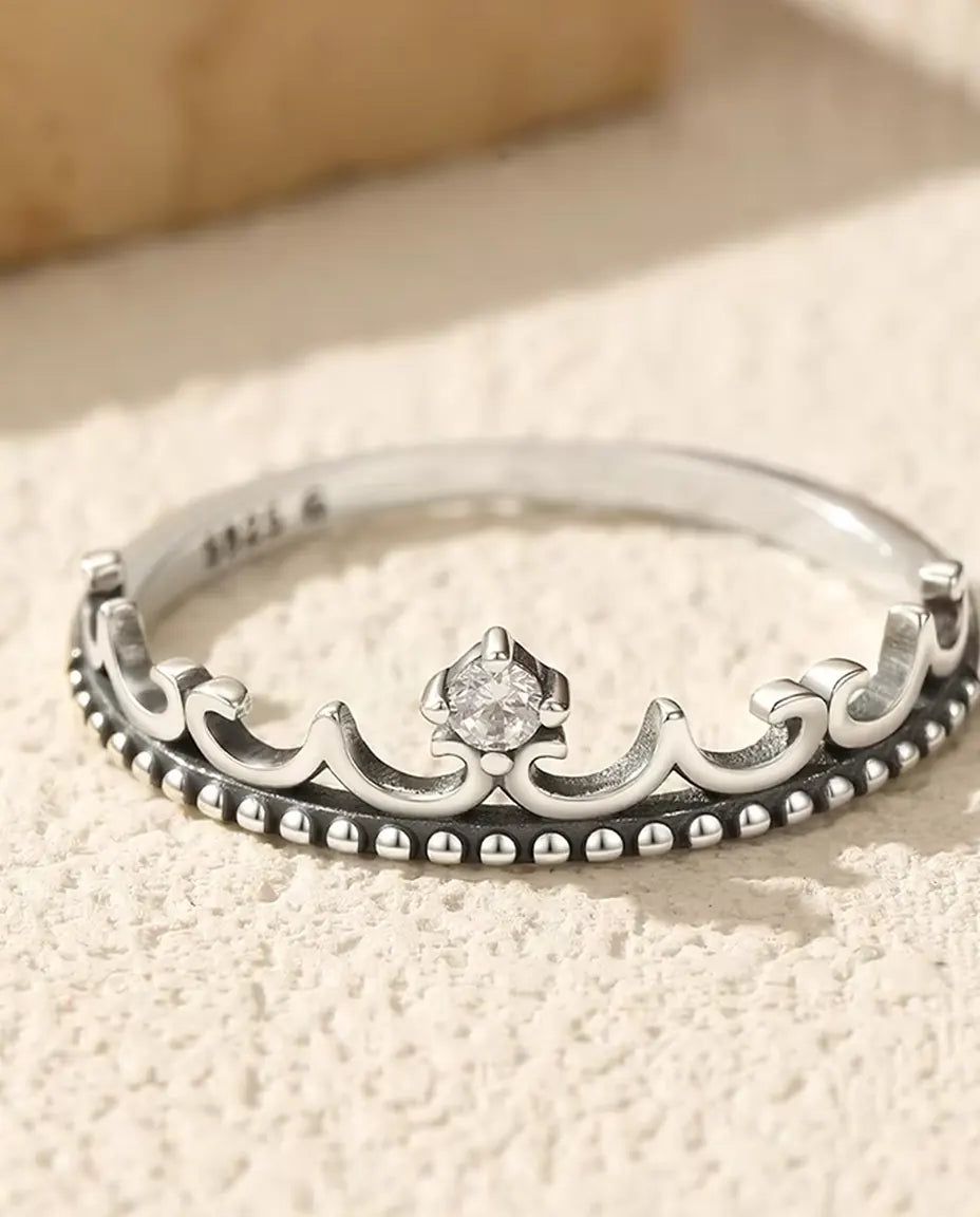 Oxidized Tiara Ring - 2 mm Cubic Zirconia Crown Band with Beaded Edge in 925 Sterling Silver, Sizes 5-9