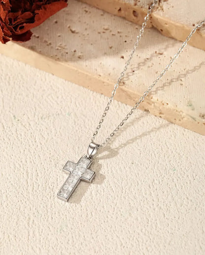 Pave Cross Necklace - Square-Cut Stone Cross Pendant, 10 x 17 mm, on a Dainty 40+5 cm 925 Sterling Silver Chain