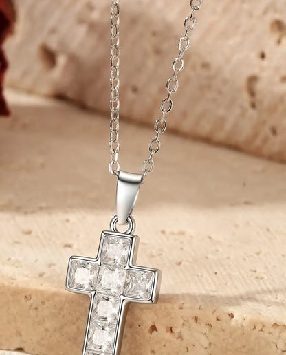 Pave Cross Necklace - Square-Cut Stone Cross Pendant, 10 x 17 mm, on a Dainty 40+5 cm 925 Sterling Silver Chain