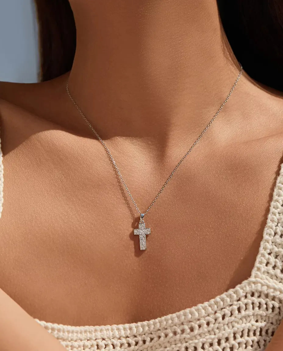 Pave Cross Necklace - Square-Cut Stone Cross Pendant, 10 x 17 mm, on a Dainty 40+5 cm 925 Sterling Silver Chain