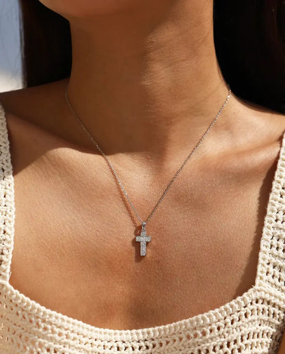 Pave Cross Necklace - Square-Cut Stone Cross Pendant, 10 x 17 mm, on a Dainty 40+5 cm 925 Sterling Silver Chain