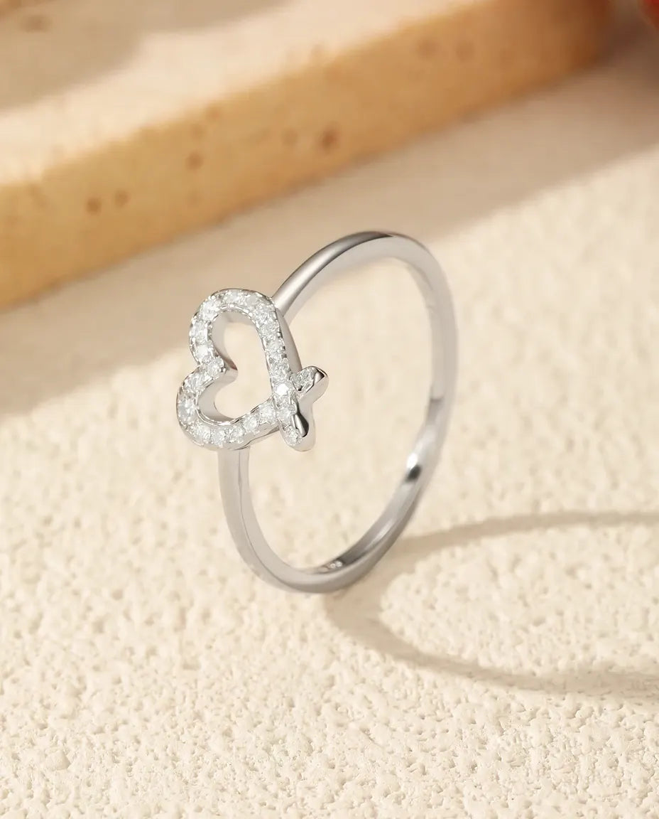 Pavé moissanite hollow open heart ring in 925 sterling silver