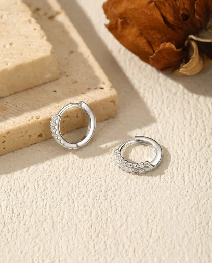 Pave Moissanite Huggie Hoop Earrings - Sixteen 1.3 mm D Color Stones in Two Rows, 12 mm Hinged 925 Sterling Silver