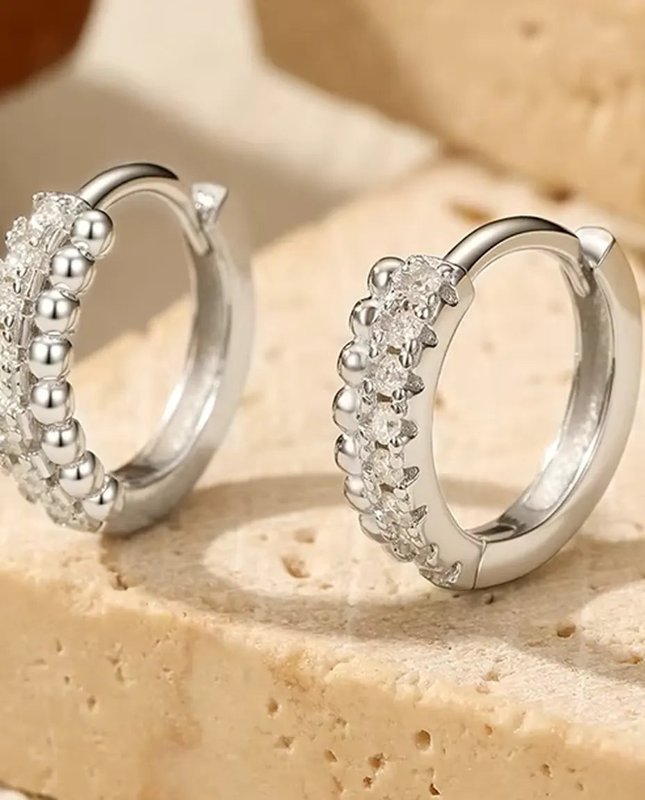 Pave Moissanite Huggie Hoop Earrings - Sixteen 1.3 mm D Color Stones in Two Rows, 12 mm Hinged 925 Sterling Silver