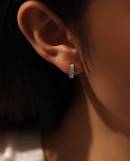 Pave Moissanite Huggie Hoop Earrings - Sixteen 1.3 mm D Color Stones in Two Rows, 12 mm Hinged 925 Sterling Silver