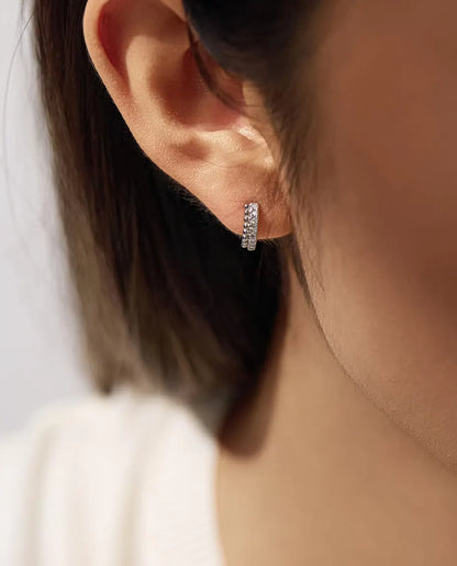 Pave Moissanite Huggie Hoop Earrings - Sixteen 1.3 mm D Color Stones in Two Rows, 12 mm Hinged 925 Sterling Silver