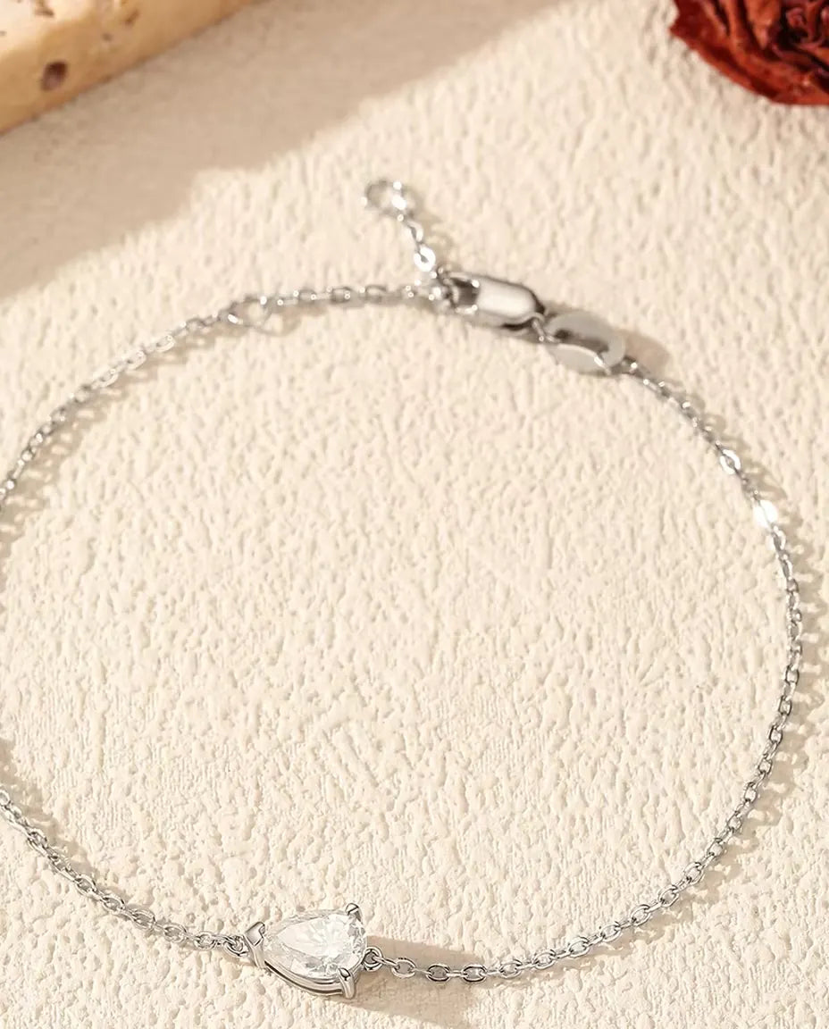 Pear Cut Moissanite Bracelet - 0.80 ct 5 x 7 mm D Color Teardrop on a Dainty 925 Sterling Silver Chain, 16+3 cm