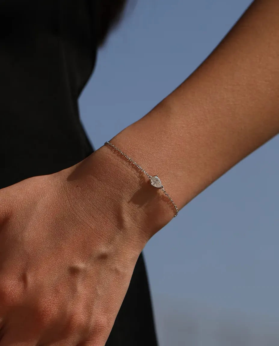Pear Cut Moissanite Bracelet - 0.80 ct 5 x 7 mm D Color Teardrop on a Dainty 925 Sterling Silver Chain, 16+3 cm