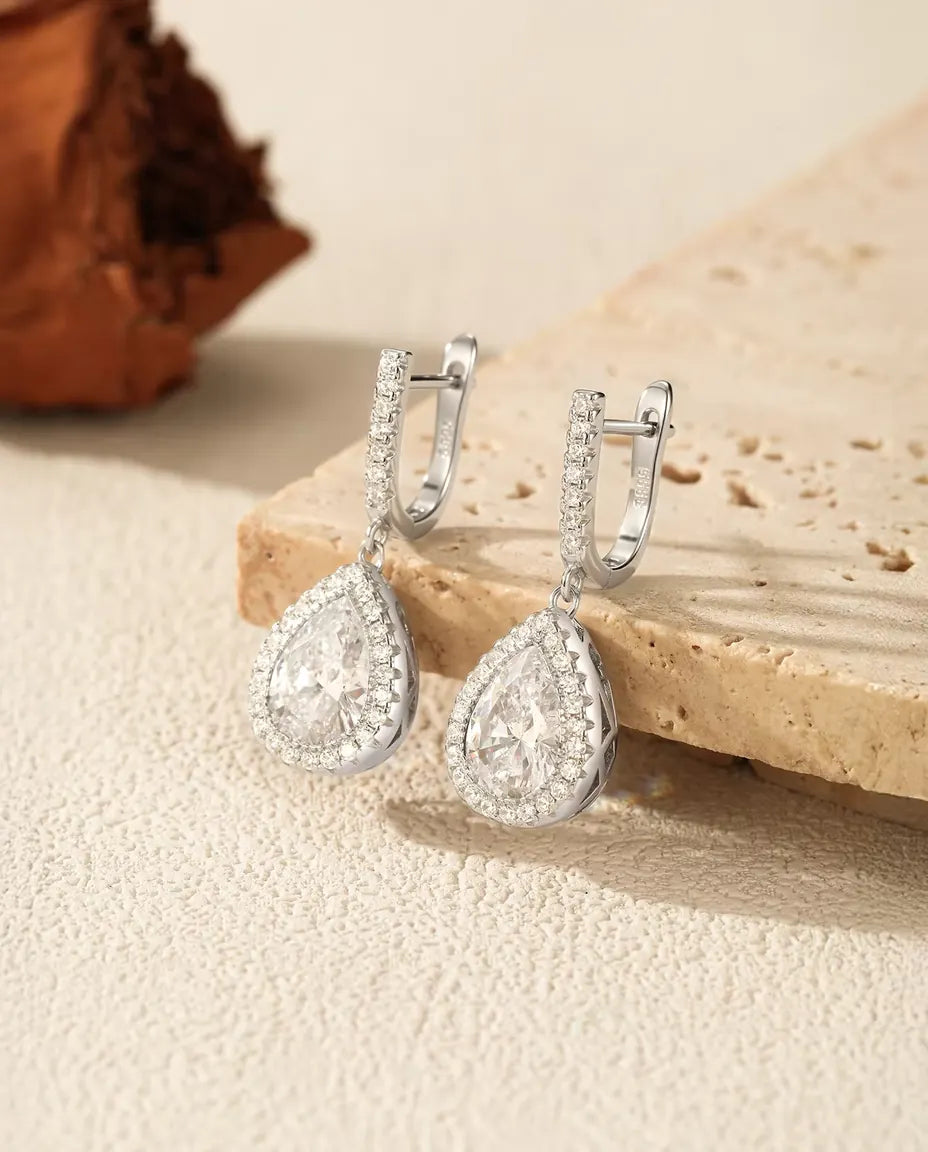 Teardrop Drop Earrings for Women - Pear Cut Zirconia with Pave Halo, 28.5 mm Leverback Dangles in 925 Sterling Silver