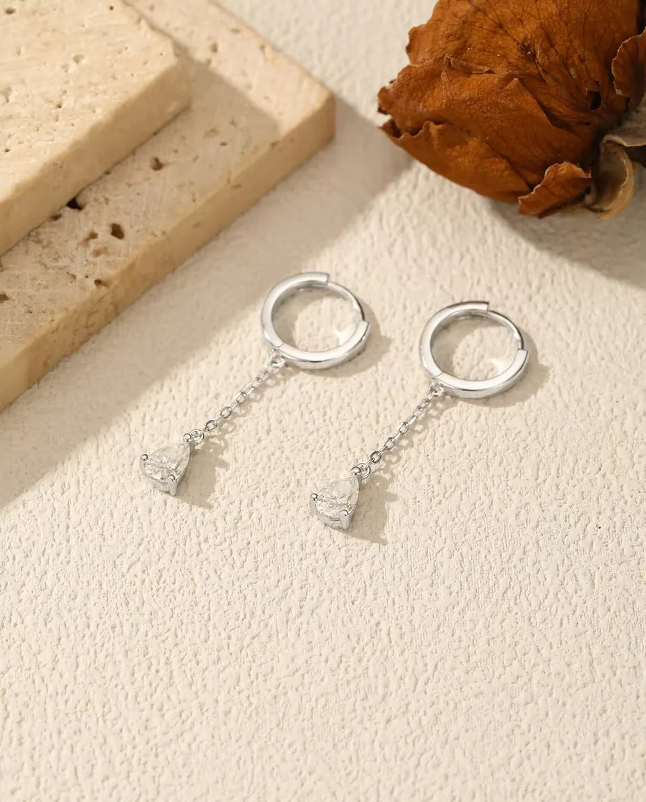 Pear Moissanite Huggie Drop Earrings - 0.5 ct D Color Stones on a Chain in 925 Sterling Silver, 32 mm