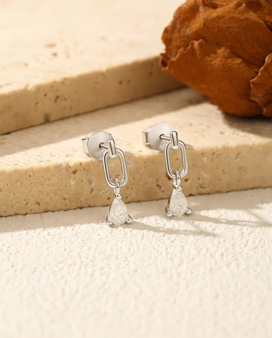 Pear Moissanite Drop Earrings - Paperclip Link Studs with 0.35 ct D Color Stones in 925 Sterling Silver