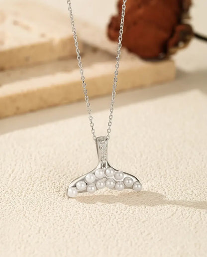 Whale Tail Necklace with Pearl White Beads - Silver Tail and Pave Bail, 925 Sterling Silver, 40 + 5 cm Chain