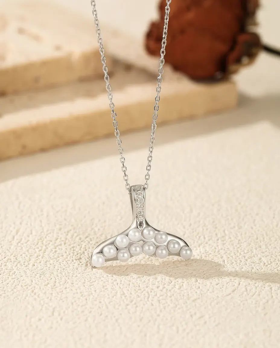 Whale Tail Necklace with Pearl White Beads - Silver Tail and Pave Bail, 925 Sterling Silver, 40 + 5 cm Chain