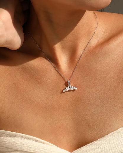 Whale Tail Necklace with Pearl White Beads - Silver Tail and Pave Bail, 925 Sterling Silver, 40 + 5 cm Chain