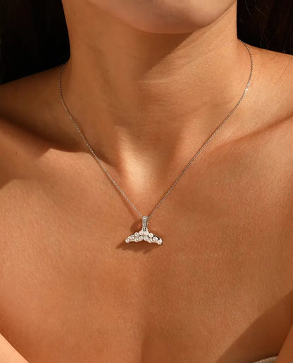 Whale Tail Necklace with Pearl White Beads - Silver Tail and Pave Bail, 925 Sterling Silver, 40 + 5 cm Chain