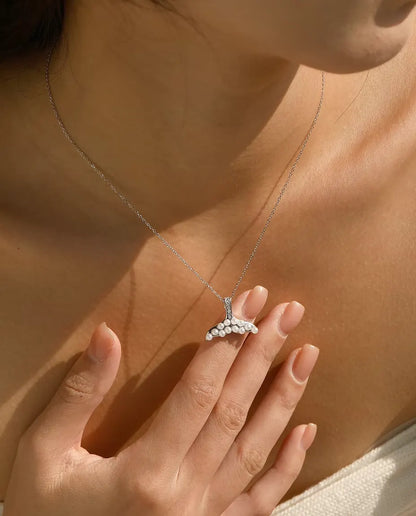 Whale Tail Necklace with Pearl White Beads - Silver Tail and Pave Bail, 925 Sterling Silver, 40 + 5 cm Chain