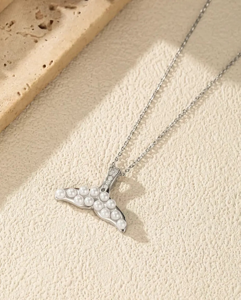 Whale Tail Necklace with Pearl White Beads - Silver Tail and Pave Bail, 925 Sterling Silver, 40 + 5 cm Chain