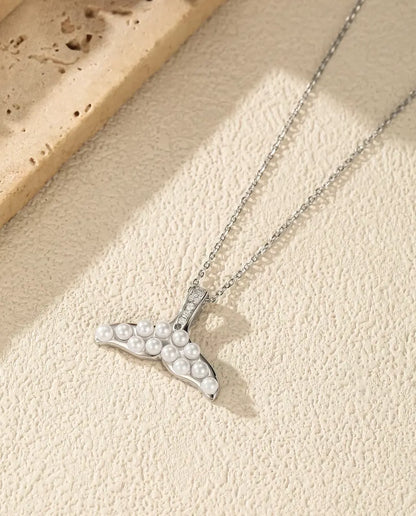 Whale Tail Necklace with Pearl White Beads - Silver Tail and Pave Bail, 925 Sterling Silver, 40 + 5 cm Chain