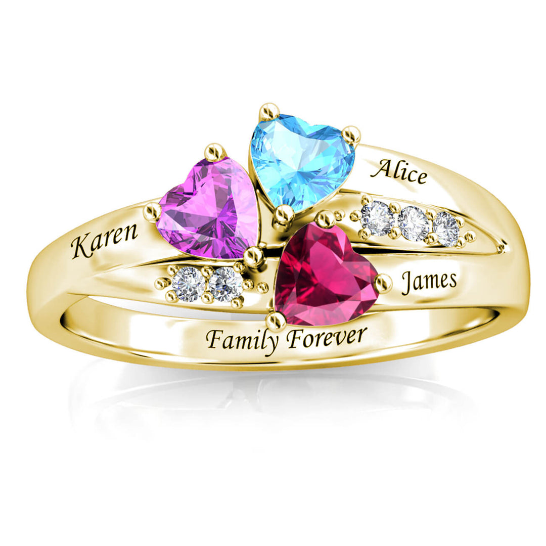 Personalized 3 Birthstone Ring - Engraved Sterling Silver Name Ring - Gold - IFSHE