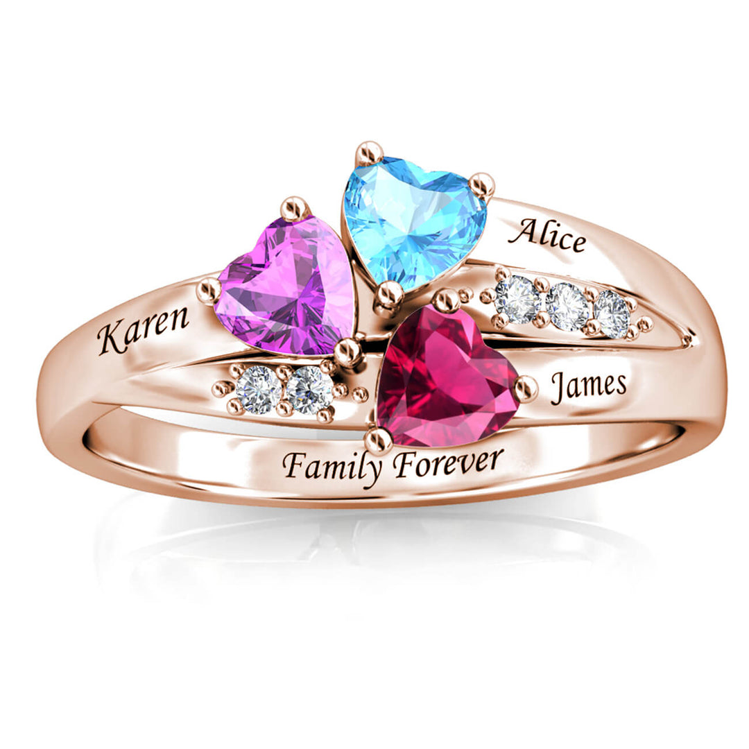 Personalized 3 Birthstone Ring - Engraved Sterling Silver Name Ring - Rose Gold - IFSHE
