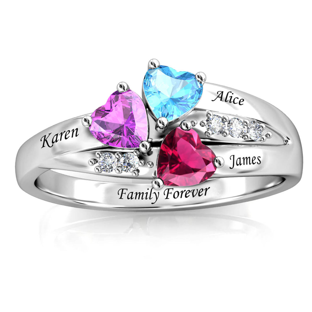Personalized 3 Birthstone Ring - Engraved Sterling Silver Name Ring - IFSHE