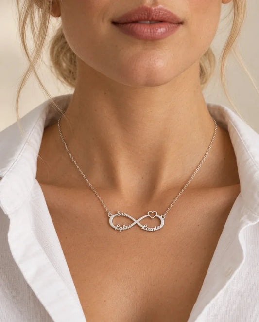 Personalized 3 Name Infinity Necklace - worn on a model