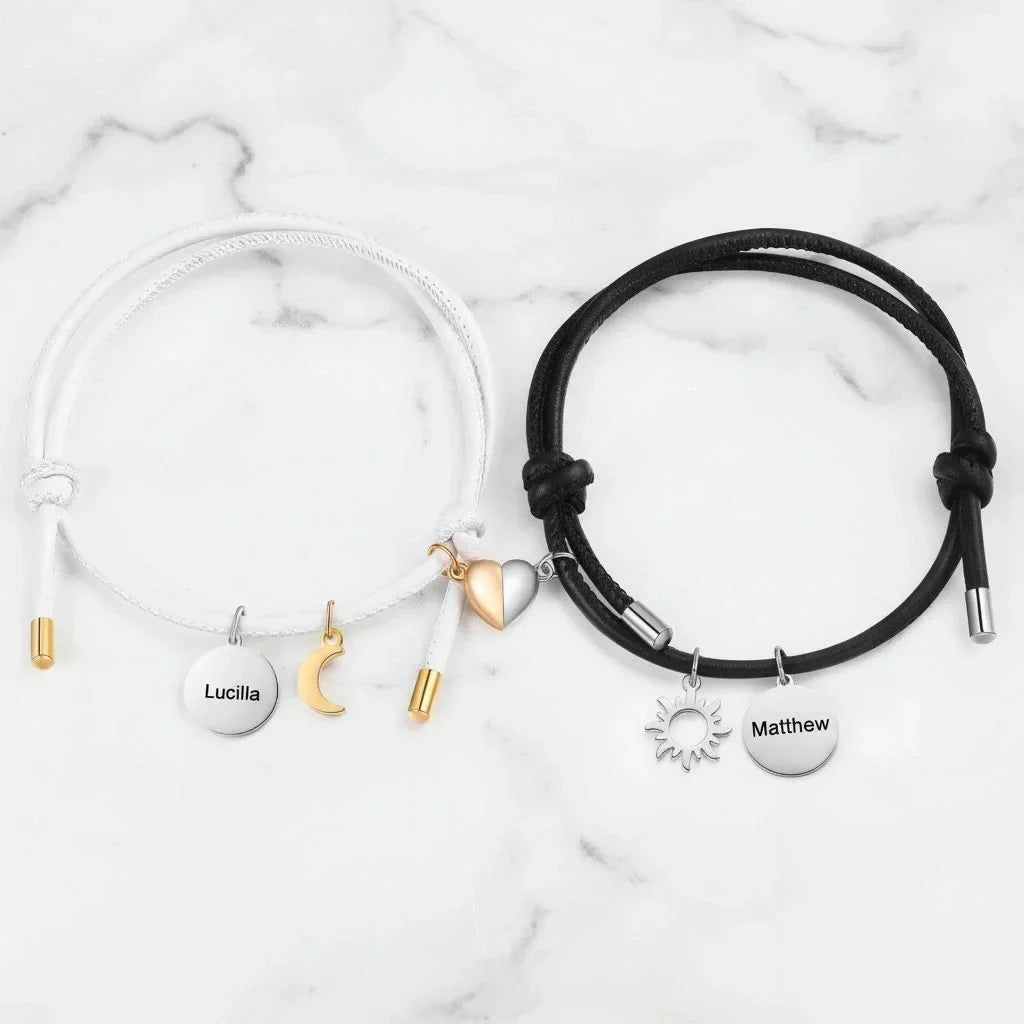 Personalized Magnetic Sun & Moon Couples Bracelets with Name Engraved Charms