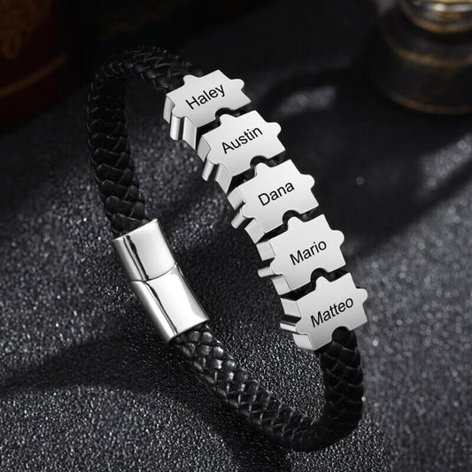 Personalized Name Bracelet for Men – Leather & Stainless Steel, Engraved, Gift for Him, Dad, Boyfriend, Birthday