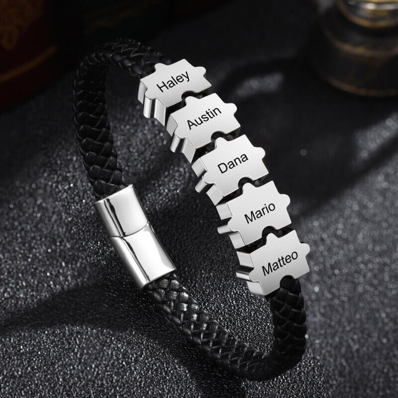 Personalized Name Bracelet for Men – Leather & Stainless Steel, Engraved, Gift for Him, Dad, Boyfriend, Birthday