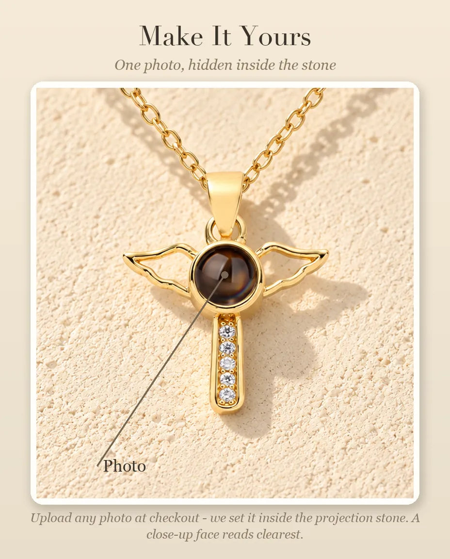 Personalization guide showing where your photo goes inside the projection stone of the angel wings cross necklace